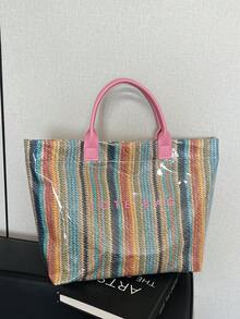 Large Capacity Letter Decor PVC Waterproof Woven Straw Tote Bag, Multi-Functional Commute Casual Vacation Woven Straw Handbag SuitableForBeachVacation - Pink - View 6