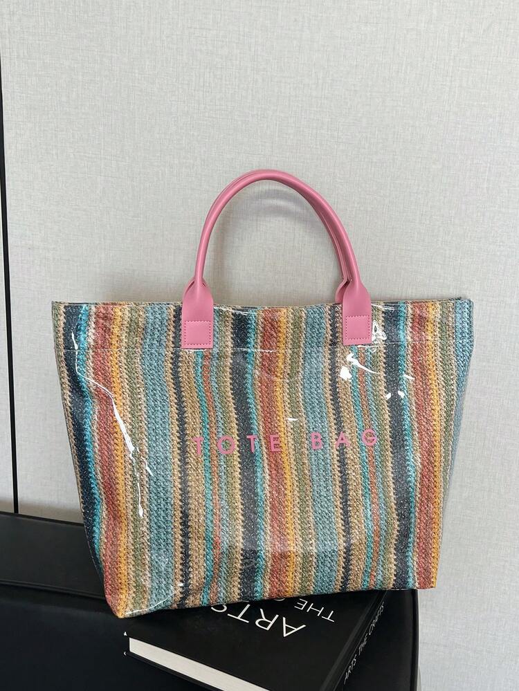 Large Capacity Letter Decor PVC Waterproof Woven Straw Tote Bag, Multi-Functional Commute Casual Vacation Woven Straw Handbag SuitableForBeachVacation - Pink - View 5