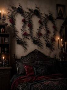 2pcs Gothic Black Rose Vine Garland, Dark Academia Style Wall Decor, Halloween Room Hanging Decoration, Artificial Flower Vine, Suitable For Bedroom, Party, Home Decor - Multicolor - View 3