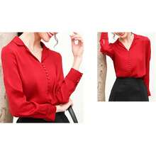 Camisa de manga larga de seda con solapa para mujer, diseño de negocios con hebillas sólidas, cuello en V, blusa delgada - Rojo vino - Ver 3