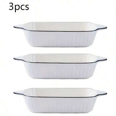 Three-Piece Ceramic Baking Tray Set, Square Clay Pot Stackable, Suitable For Lasagna/Pie/Clay Pot/Snack/Microwave/Oven, Size 26, 7x15x5cm, White Striped Pattern, High-Temperature Resistant And Durable Ceramic, Baking Supplies
