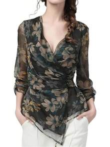 Blusa de gasa floral para mujer, cuello en V, estampada, tallas grandes, blusa delgada con botones - Floral - Ver 1