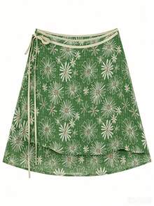 Conjunto de 2 piezas de mujer con top de cuello redondo minimalista de unicolor de manga corta y pantalones rectos de cintura alta, elegante para primavera/verano - Verde militar - Ver 2