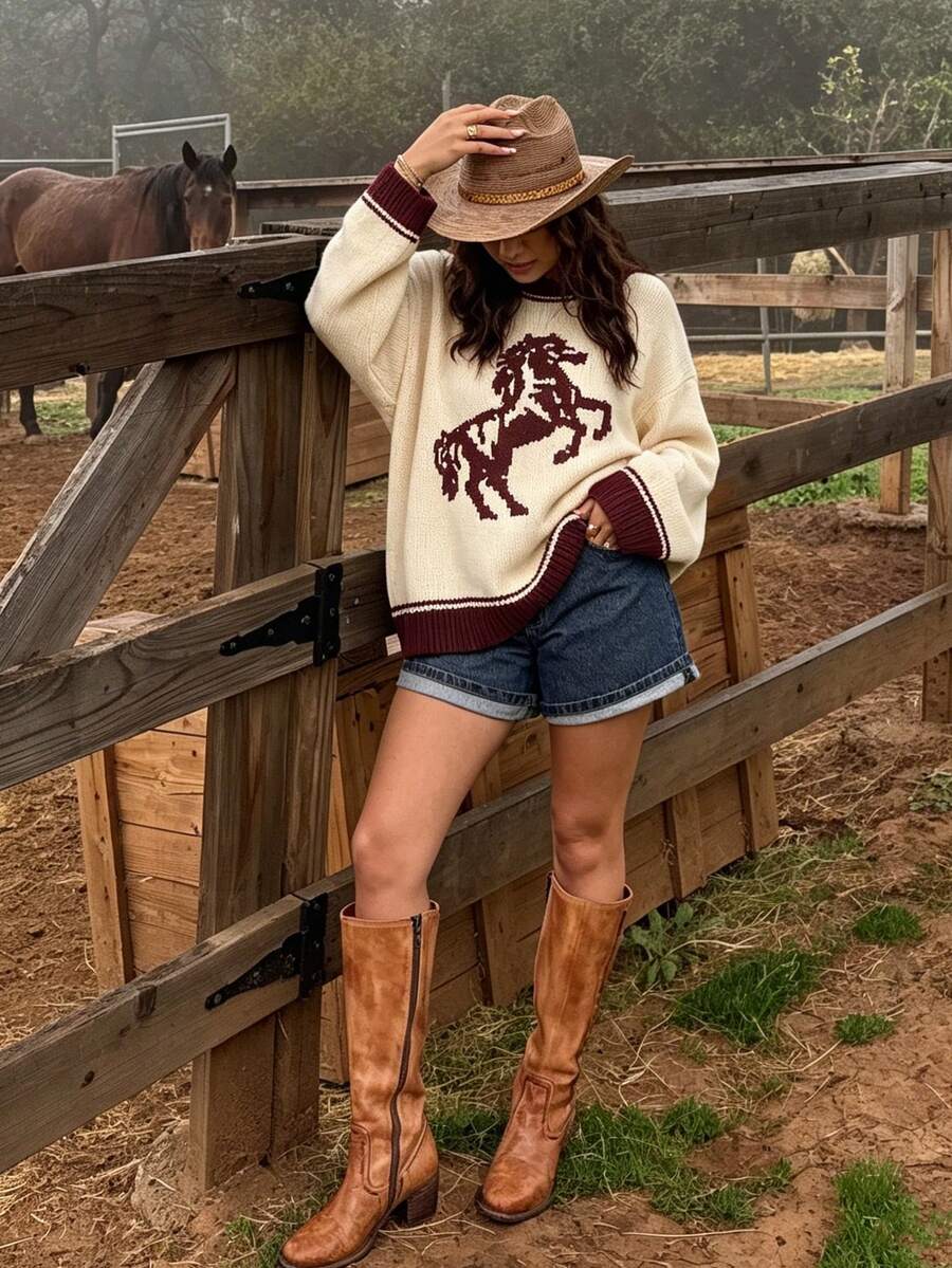 Women's Autumn/Winter Fashion Street Style Vintage Contrast Color Horse Pattern Knit Sweater - Mika - View 1
