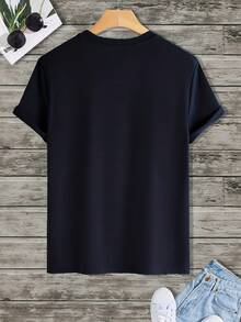 Men'S Black And White Patterned Casual Short-Sleeve T-Shirt For Spring, Summer, And Autumn. - 黑色 - 查看 2