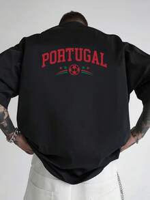 Women's White T-Shirt, ZaraTee Portugal Double Print, Loose Fit With Dropped Shoulders, Washable Round Neck, Sporty And Casual Outfit For Football Fan - Black - View 2