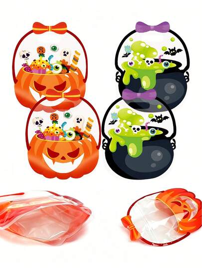 30pcs Halloween Plastic Candy Bags With Handles, Horror Cauldron Shaped Sealed Bags, Pumpkin Candy Bags, Suitable For Horror Festival Party Candy Gifts Decoration