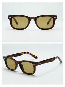 1pc Men's Rectangular Small Frame High-Quality Personalized Minimalist Fashion Glasses, Suitable For Party, Travel, Leisure, Vacation, Beach And Daily Use - Tortoise Shell Frame Yellow Green Piece - View 4