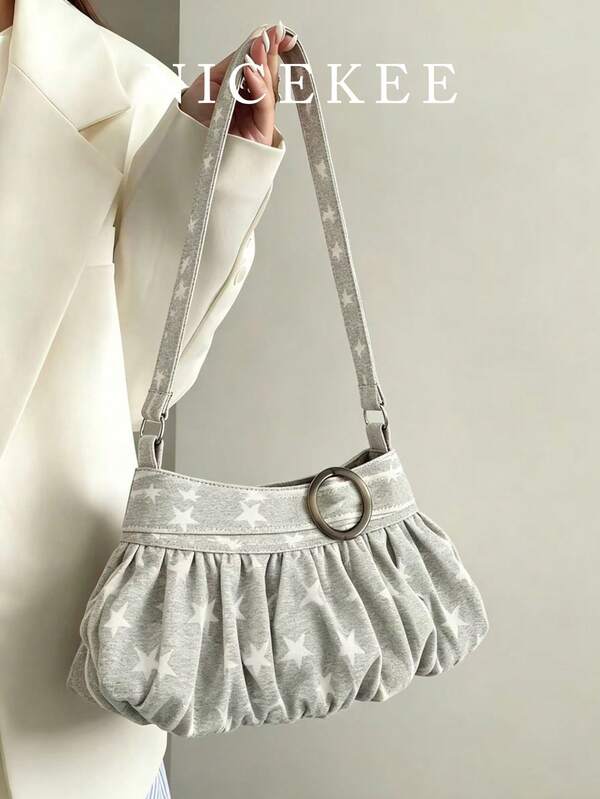 Color Blocking Casual Star Printed Shoulder Bag, Niche Design Popular Pleated Cloud Bag, Exquisite Buckle Decoration, Suitable For Commuting Shopping