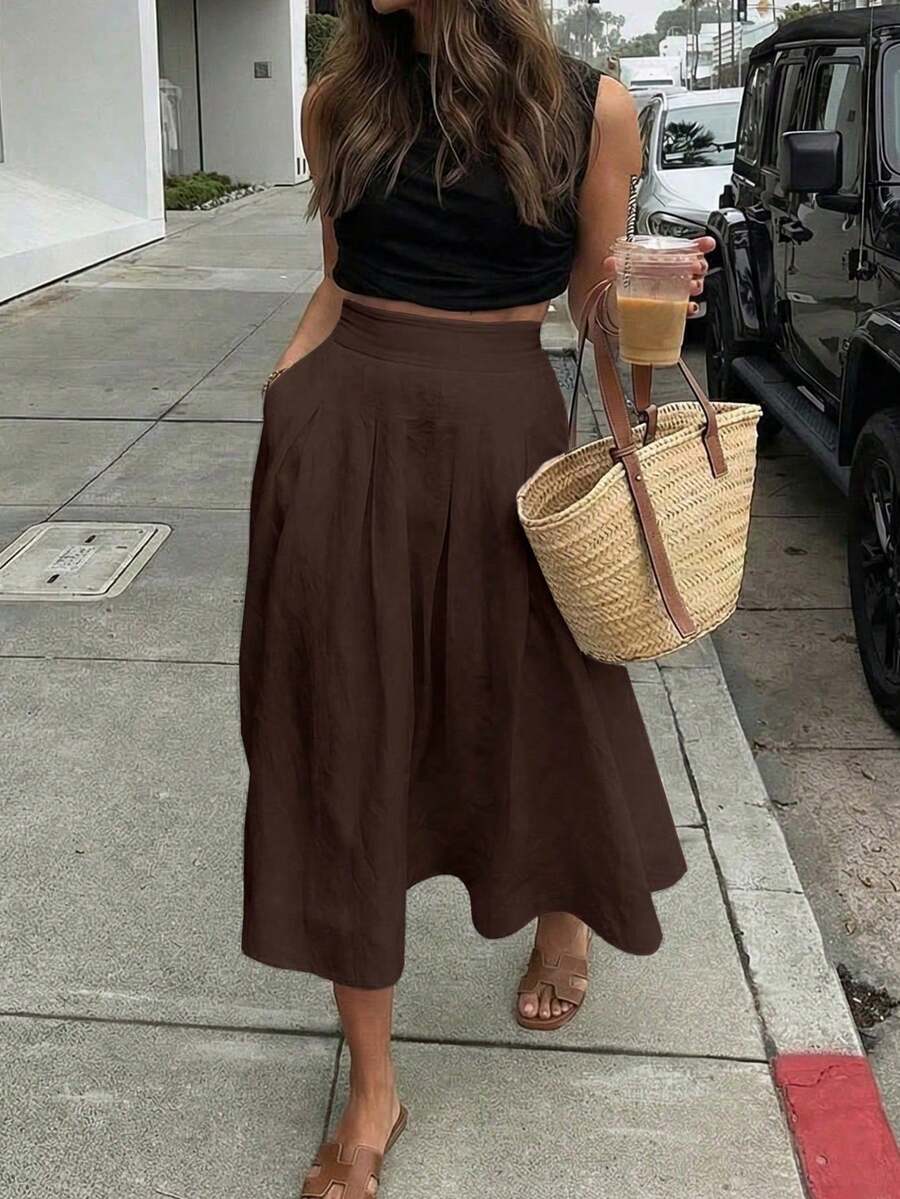 Women's Versatile Solid Color White Skirt, Casual Style For Spring/Summer, Suitable For Dates, Outings, Vacations, Graduations And Back To School - Dark Brown - View 1