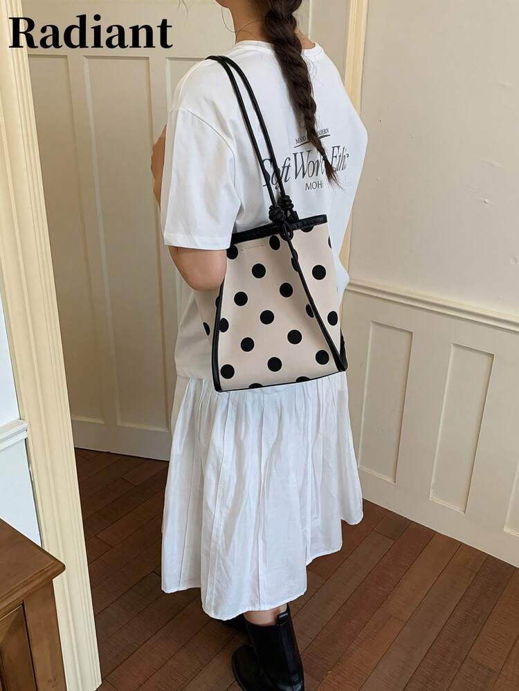 Women's Polka Dot Canvas Leather Trim Tote Shoulder Bag, Suitable For Work, Travel, Casual (Back To School Backpack) - Beige - View 1