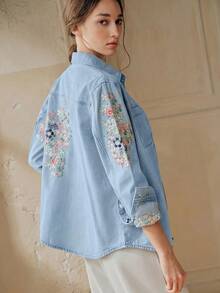 Camisa de manga larga azul con bordado floral grande elegante y romántica para mujer, moda primavera/verano, para fiesta de San Valentín y vacaciones, con jeans - Beis - Ver 1