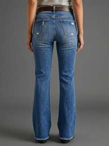New Women's Washed Distressed Casual Versatile Frayed Hem Jeans - Dark Wash - View 3