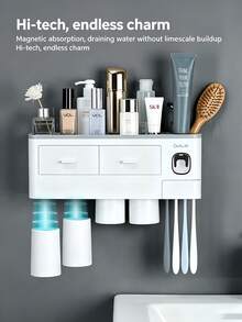 Bathroom Toothbrush Holder 2/3/4 Cup Wall-Mounted With Toothpaste Squeezer, Large Capacity Bathroom Storage Organizer, Easy Installation And Use, Fashionable Bathroom Accessory Set, Bathroom Decor - Grey - View 3