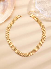 1 Set Elegant Minimalist Hollow Wide Necklace Bracelet Earrings Geometric Mesh Collarbone Chain High-End Versatile Women's Jewelry Set, Suitable For Daily Wear And Parties, Jewelry Accessories - D - View 8