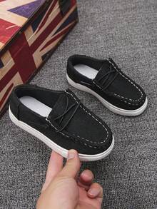 1 Par de Sapatos Náuticos Slip-On Unissex para Crianças, Uso Campus em Todas as Estações, Cor Sólida, Lona Respirável, Cadarço Elástico Sem Amarração, Sola Macia Antiderrapante, Tênis Esportivo Casual Leve e Plano para Escola - Preto - Visão 3