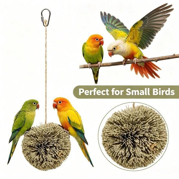 1pc Parrot Bird Grass Ball Toy (With Hanging Rope And Climbing Buckle), Natural Fiber Gnawing Toy, Suitable For Small Birds Such As Peony Parrots, Tiger Skin Parrots, And Literary Birds - Essential For Cage Enrichment, Beak Grinding And Decompression