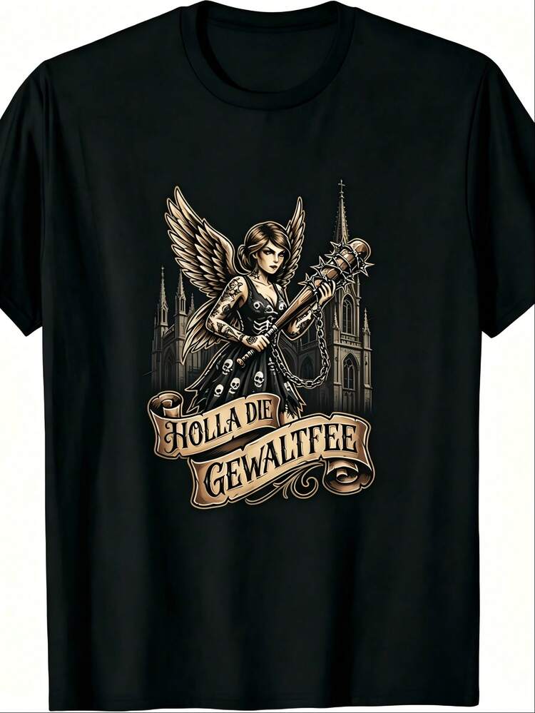 Holla Die Gewaltfee Skull Dress Gothic Cathedral Wing Lady German Slogan Tee T-Shirt Classic Perfect For Home|Gifting|Work|Outdoor (Mother'S Day|Valen - Black - View 1