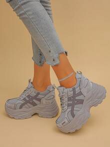 Women's Wedge Heel Thick Sole Sneakers Geometric Pattern Casual Letter Casual Sporty Style Spring Autumn - Grey - View 4