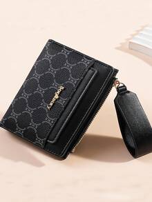 Vintage Litchi Textured Minimalist Women's Wallet, Premium Elegant Bifold Card Holder With Multiple Card Slots, Zipper Short Coin Purse With Letter Design - Black - View 2