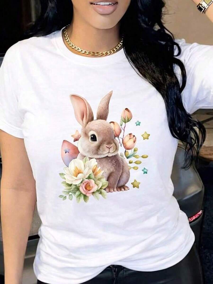 layera con diseño de conejo color café con flores, estampado, tierno, colorido, moderno, cuello redondo, manga corta, ideal para todos los días, llamativa, holgada, a la moda, ideal para tí. - Blanco - Ver 1