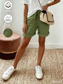 Pantalones cortos de verano de mujer de lino casual con cordón y dobladillo enrollado, con tela de textura de lino, diseño de cintura elástica con cordón y detalles de dobladillo e - verde claro - Ver 3