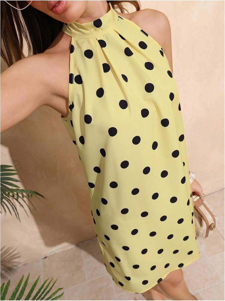 - Vestido corto sin mangas con estampado floral para mujer, cuello halter, línea A - rosa y rojo - Añade 3