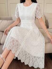 Vestido de verano de media longitud con cuello redondo, mangas de pétalo y encaje floral elegante para mujer - Azul - Ver 12