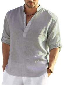VictorFit Camisa de algodón y Lino para Hombre, Manga Larga, Estilo Hippie, Casual, para la Playa - Gris - Ver 5