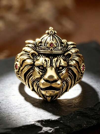 1件復古皇冠獅子寶石男士戒指，奢華浮雕重量級3D雕刻做舊獅王戒指，皇冠彩色寶石設計嘻哈風格男士裝飾戒指