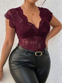 Lace Deep V-Neck Short Sleeve Sheer Bodysuit, Made Of Slightly Stretchy Fabric, Sexy Women's Lace Bodysuit For Spring And Summer - Burgundy - View 5