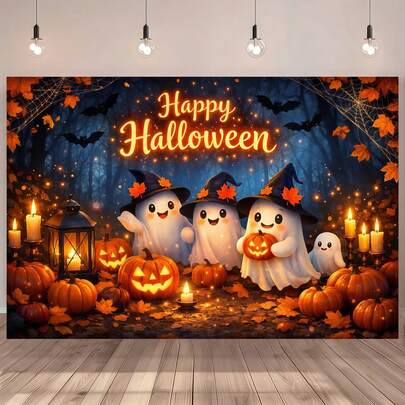 1 Piece Of Halloween Ghost And Pumpkin Background Cloth, Halloween Photography Prop, Suitable For Birthday Party Decoration, Halloween Party Decoration, Home Garden And Living Room Decoration.