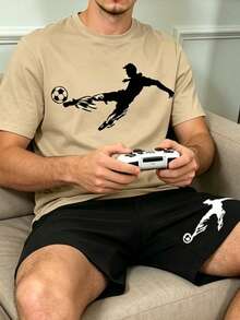 Men's Summer Casual Thin Pajama Set, Comfortable Round Neck Short Sleeve Top And Shorts With Soccer Print, Lazy Cozy Premium Loungewear 2-Piece Set - Multicolor - View 5