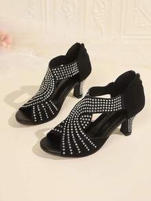 Women's Open Toe Hollow Back Zipper Diamond Decor Non-Slip Sole Sandals Fashion Style Summer Suede Strap High Heel Sandals Suitable For Holidays Daily Commute Evening Party - Black - View 6