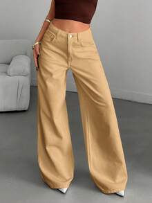 Vintage High-Waist Wide-Leg Denim Jeans, Full-Length White Cotton Trousers. Suitable For Spring/Summer Daily, Office And Date Wear Casual - Khaki - View 3
