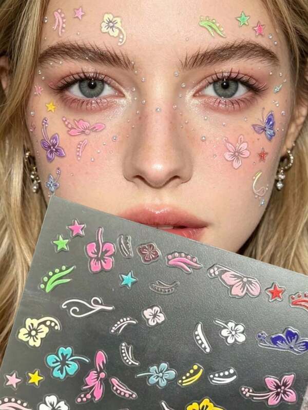 1pc Gradient Colorful Butterfly Curved Vine Face Sticker, Multi-Color Five-Pointed Star & Floral Combination, Self-Adhesive Y2K Girl Stage Photo Makeup Decor Sticker, Concert Dopamine Colorful Butterfly Face Makeup Sticker, Waterproof Long-Lasting, Sweet Girl Anime Convention, Summer Outing, Birthday Party, EDM Festival Makeup Sticker