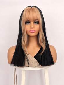 20 Inch Dual-Tone Black & Gold Straight Wig With Bangs, Synthetic Fiber Black & Gold Wavy Bangs Wig, Suitable For Women's Daily Wear, Party, Cosplay, Halloween - Multicolor - View 4