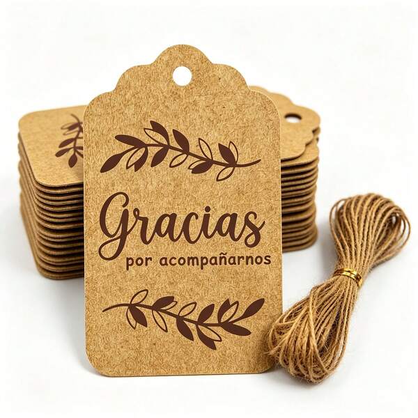25/50 piezas Etiquetas de regalo de papel kraft vintage, impresas con texto en español y patrón de hojas verdes, adecuadas para bodas, despedidas de soltera, fiestas de cumpleaños, decoración de empaques