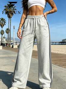 Women's Drawstring Wide Leg Pants, Comfortable Fabric, Suitable For Sports, Outdoor, Casual Wear, Street Style Autumn Long Pants - Grey - View 2