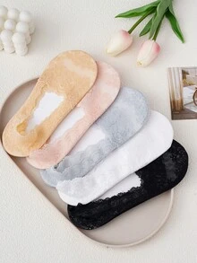5雙女款夏季隱形蕾絲船襪，輕量透氣低筒無縫船襪，附矽膠防滑設計與優雅蕾絲飾邊，純色，適合休閒與正式場合，柔軟面料 - 彩色 - 查看 12