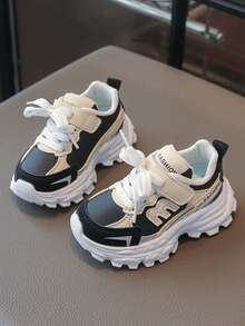 1 Pair Girls' Colorblock Thick Sole Chunky Sneakers, Hook & Loop Anti-Slip Lightweight Kids' Sports Shoes, Baby Casual Running Shoes - Black - View 3