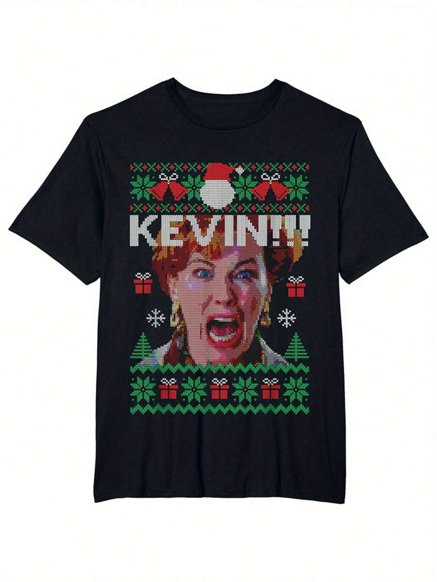 Camiseta divertida y fea de Navidad de Kevin - KEVIN!!Camiseta con patrón de gorro de Navidad y copo de nieve - Camiseta unisex de cuello redondo - Ropa casual de fiesta para toda temporada - Negro - Ver 1