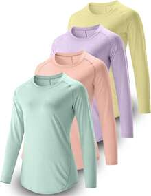 Paquete de 4 camisetas de manga larga para mujer con agujeros para el pulgar, camisetas de entrenamiento atléticas de ajuste seco con cuello redondo - Azul marino/blanco/negro/café oscuro - Ver 10