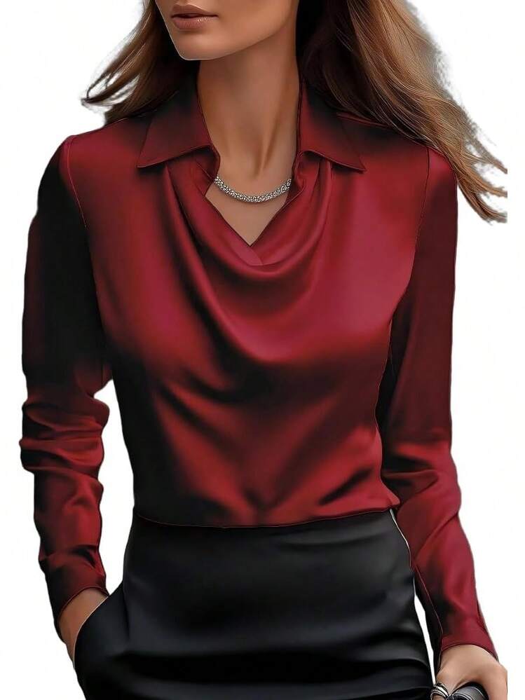 sa de satén con cuello dudete para mujer Genérico – Elegantes blusas de seda de manga larga, camisas de trabajo casuales y elegantes para oficina, invitadas de boda y atuendos escolares 2025 - Negro - Añade 17