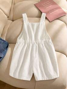 Girls' White Denim Textured Overalls Shorts, Casual Sweet Cute Jumpsuit, Suitable For Daily Wear, Outings, Back To School Season, Spring Summer - White - View 3