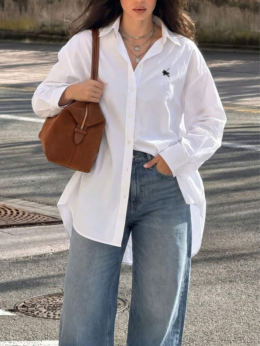 Plus Size White Woven Shirt With Embroidered Collar, Drop Shoulder Design And Asymmetric Hem - White - View 1