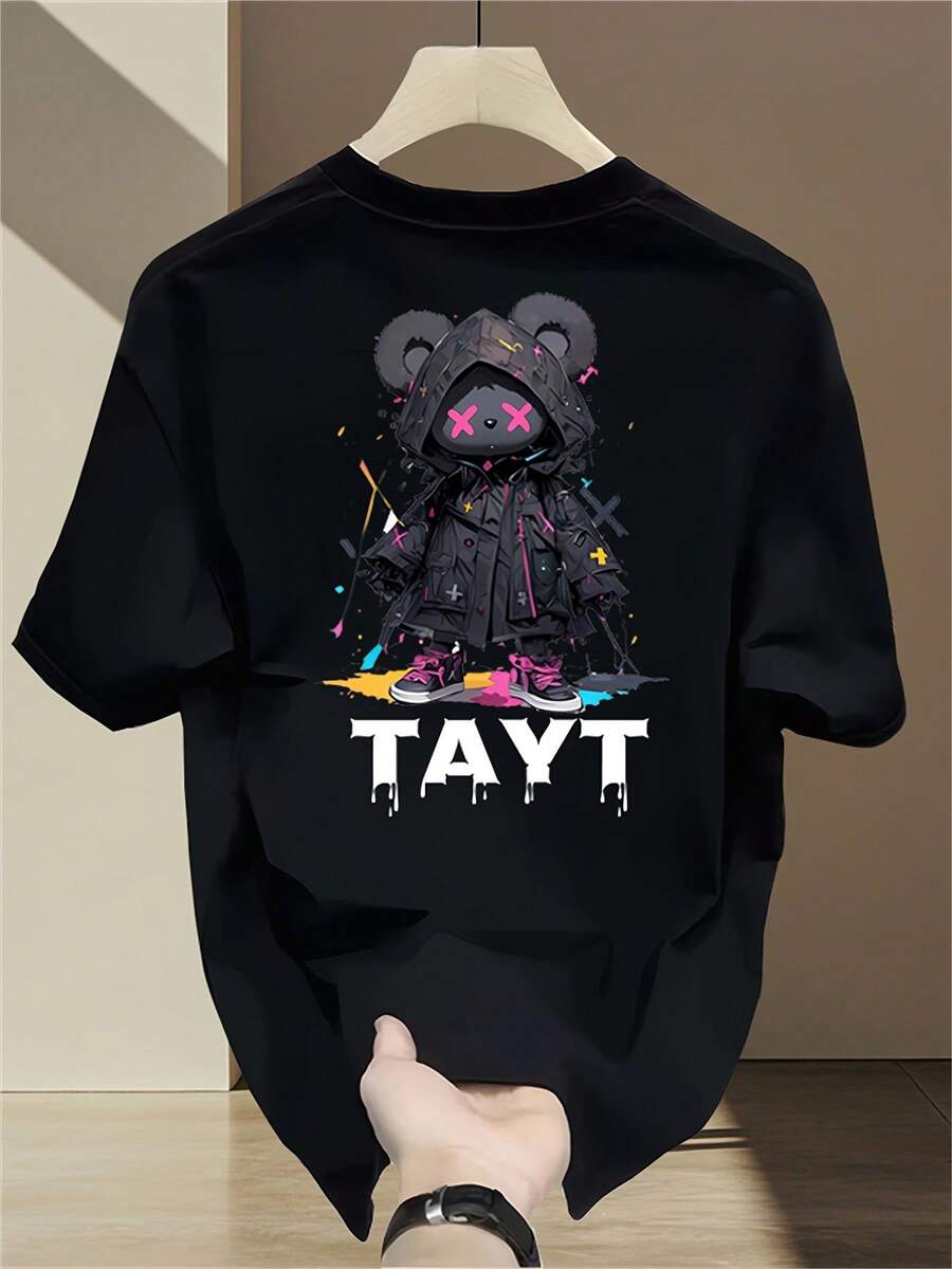 Camiseta de manga corta con cuello redondo 100% algodón para hombre, estilo coreano de verano, estampada, casual y versátil. - Negro - Ver 1