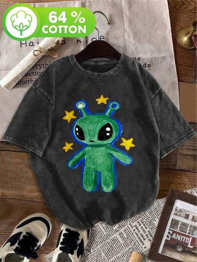 Women Basic Crew Neck Tee 1pack[Plus Size Alien T-Shirt] Plus Size Hand-Painted Textured Cute Alien Star Print Crew Neck Shor Minimalist Daily T-Shirt