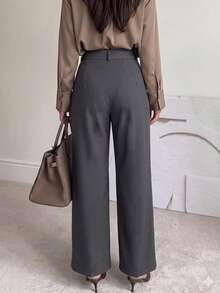 Women's Elegant High-Waist Wide-Leg Pants, Polyester Non-Stretch Long Trousers With Zipper, Button And Pockets, Fashionable Long Bottoms - Dark Grey - View 5