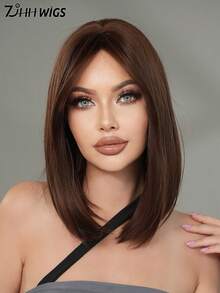 7JHH WIGS 女士短直髮咖啡棕色假髮 16英吋肩長側分瀏海波波頭 合成耐熱纖維假髮 女孩日常派對 Cosplay 使用 - 巧克力棕 - 查看 2
